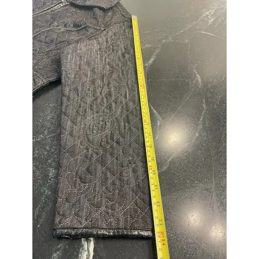 Chico's Charcoal  Black Floral Quilted Jacket Blazer 3/XL Faux Leather accents